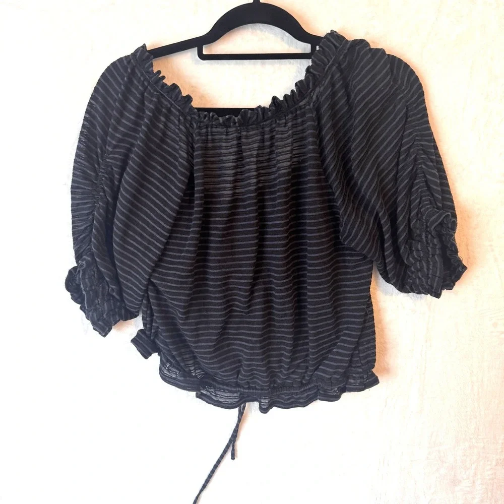 Free People Dorthy Crop Striped Ruffle Neck Drawstring Blouse‎ Black Grey Large